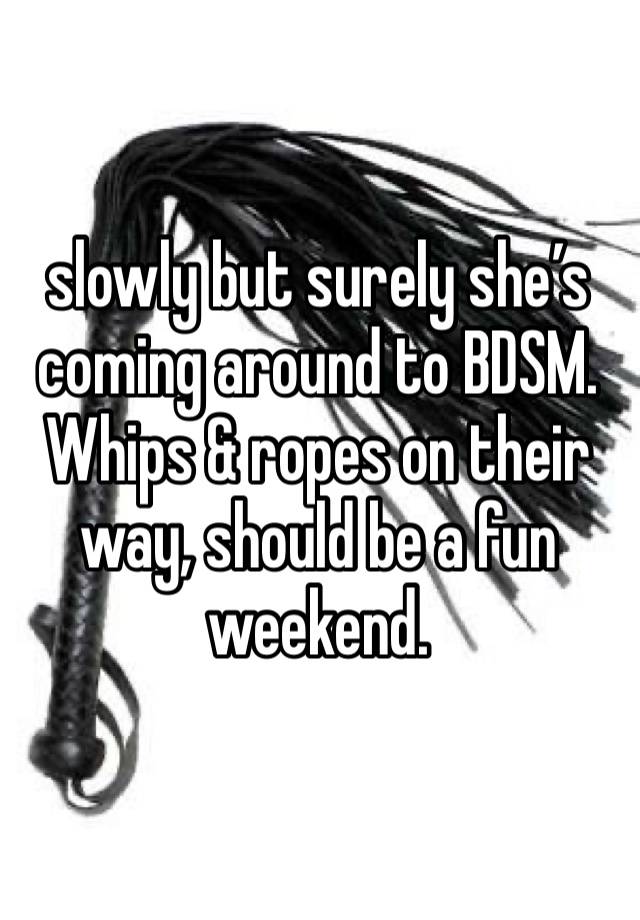 slowly but surely she’s coming around to BDSM. Whips & ropes on their way, should be a fun weekend.