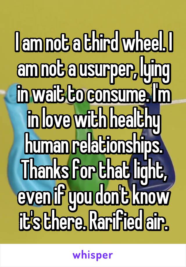 I am not a third wheel. I am not a usurper, lying in wait to consume. I'm in love with healthy human relationships. Thanks for that light, even if you don't know it's there. Rarified air.