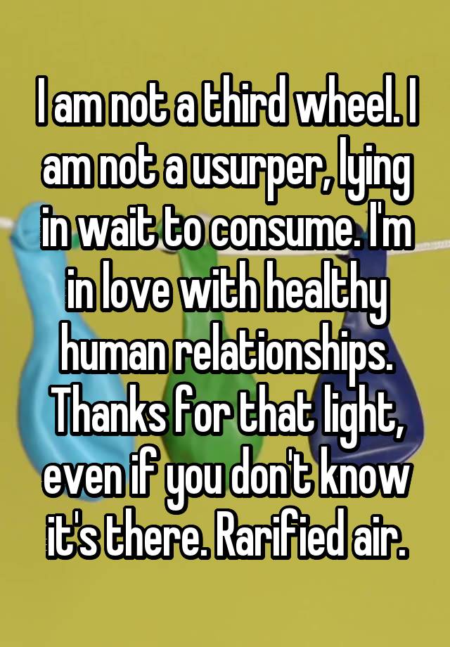 I am not a third wheel. I am not a usurper, lying in wait to consume. I'm in love with healthy human relationships. Thanks for that light, even if you don't know it's there. Rarified air.