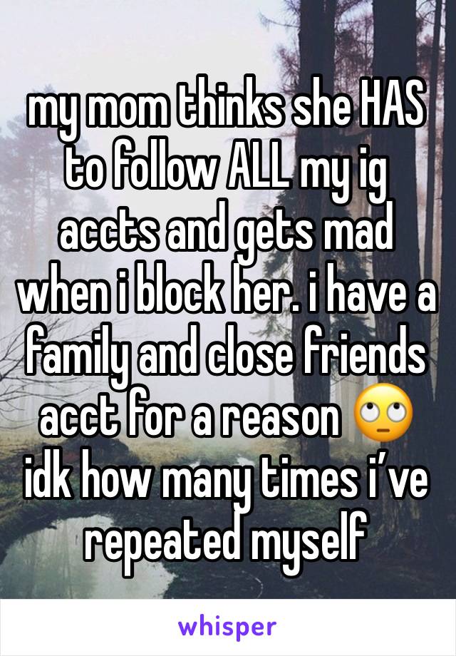 my mom thinks she HAS to follow ALL my ig accts and gets mad when i block her. i have a family and close friends acct for a reason 🙄 idk how many times i’ve repeated myself