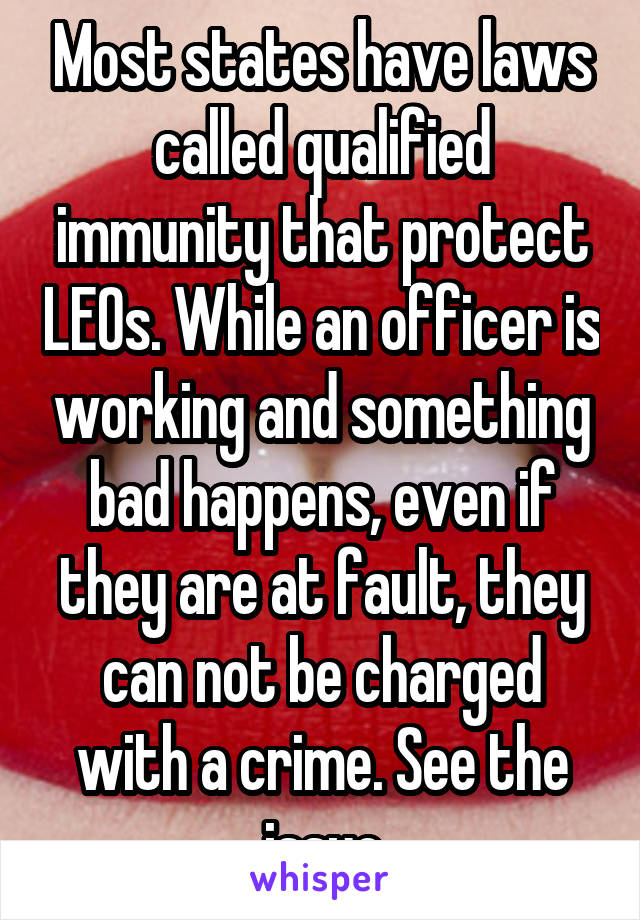 Most states have laws called qualified immunity that protect LEOs. While an officer is working and something bad happens, even if they are at fault, they can not be charged with a crime. See the issue