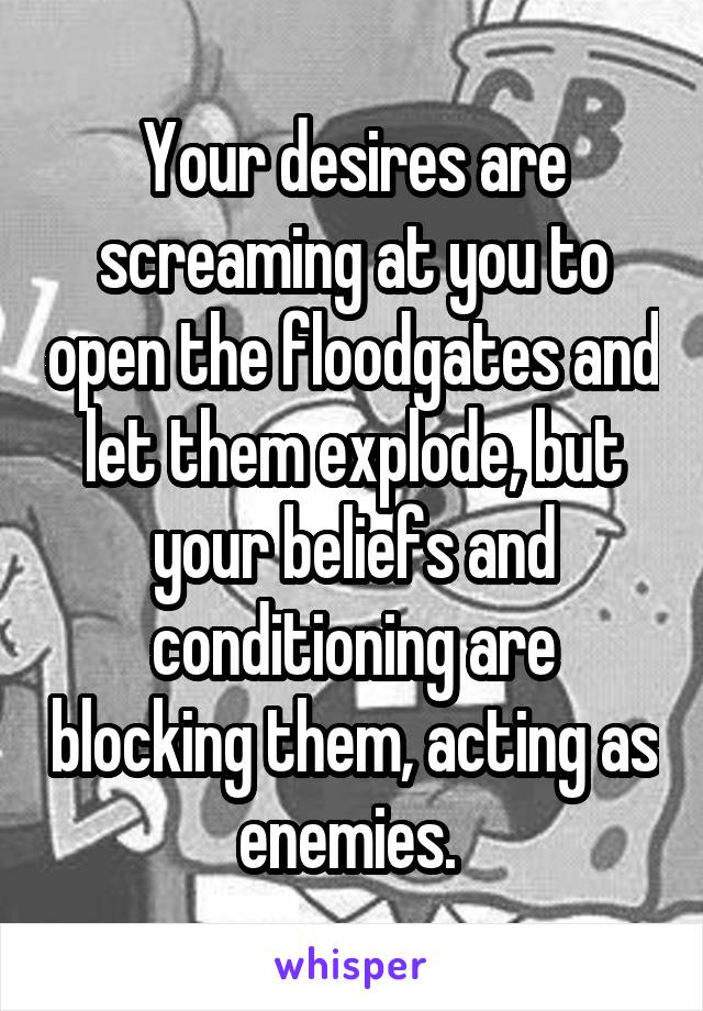 Your desires are screaming at you to open the floodgates and let them explode, but your beliefs and conditioning are blocking them, acting as enemies. 