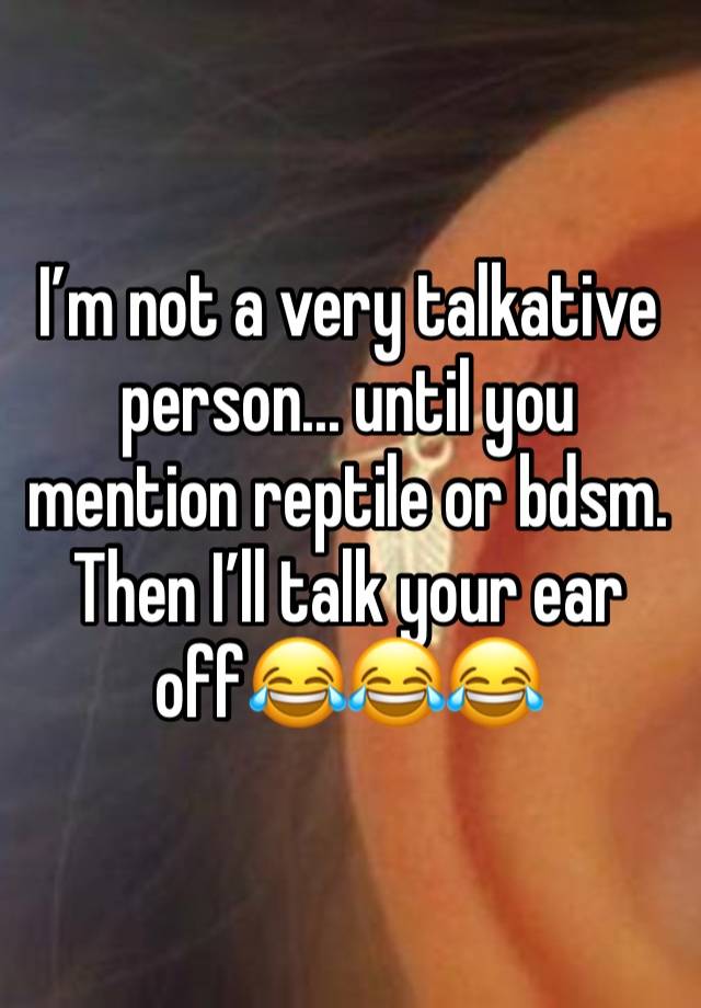 I’m not a very talkative person... until you mention reptile or bdsm. Then I’ll talk your ear off😂😂😂