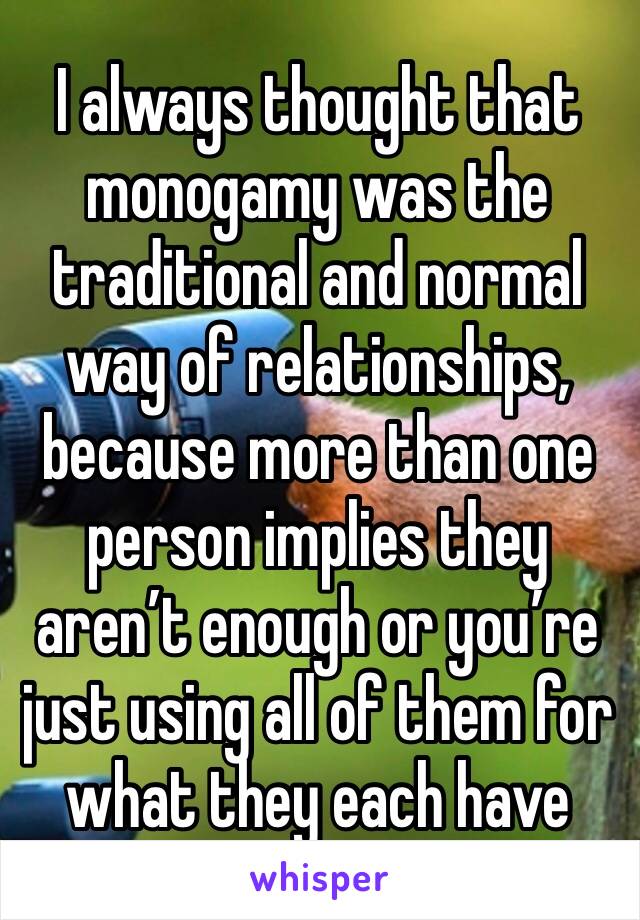 I always thought that monogamy was the traditional and normal way of relationships, because more than one person implies they aren’t enough or you’re just using all of them for what they each have