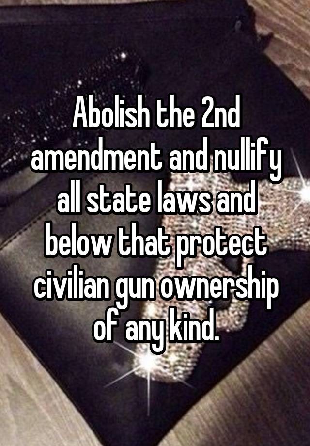 Abolish the 2nd amendment and nullify all state laws and below that protect civilian gun ownership of any kind.