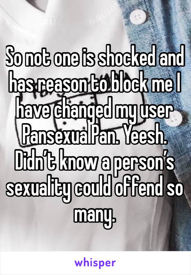 So not one is shocked and has reason to block me I have changed my user PansexualPan. Yeesh. Didn’t know a person’s sexuality could offend so many. 