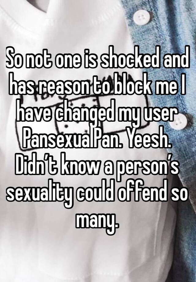 So not one is shocked and has reason to block me I have changed my user PansexualPan. Yeesh. Didn’t know a person’s sexuality could offend so many. 