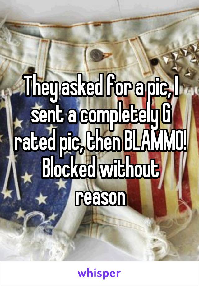 They asked for a pic, I sent a completely G rated pic, then BLAMMO!
Blocked without reason