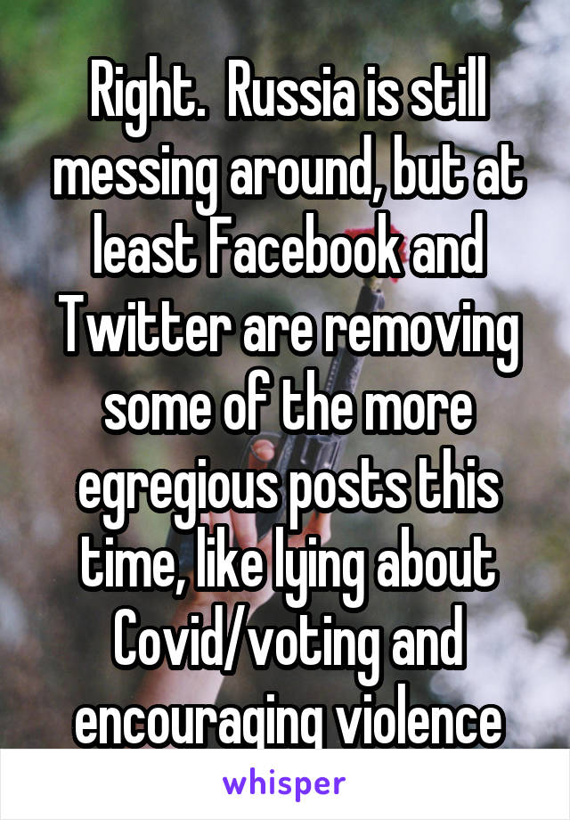 Right.  Russia is still messing around, but at least Facebook and Twitter are removing some of the more egregious posts this time, like lying about Covid/voting and encouraging violence