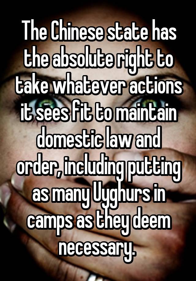 The Chinese state has the absolute right to take whatever actions it sees fit to maintain domestic law and order, including putting as many Uyghurs in camps as they deem necessary. 