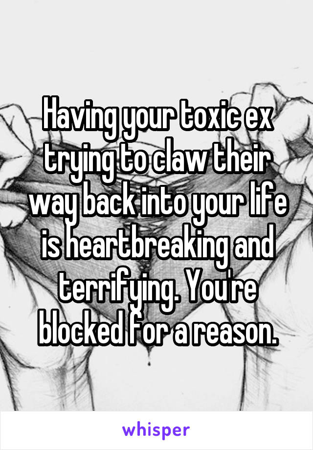 Having your toxic ex trying to claw their way back into your life is heartbreaking and terrifying. You're blocked for a reason.