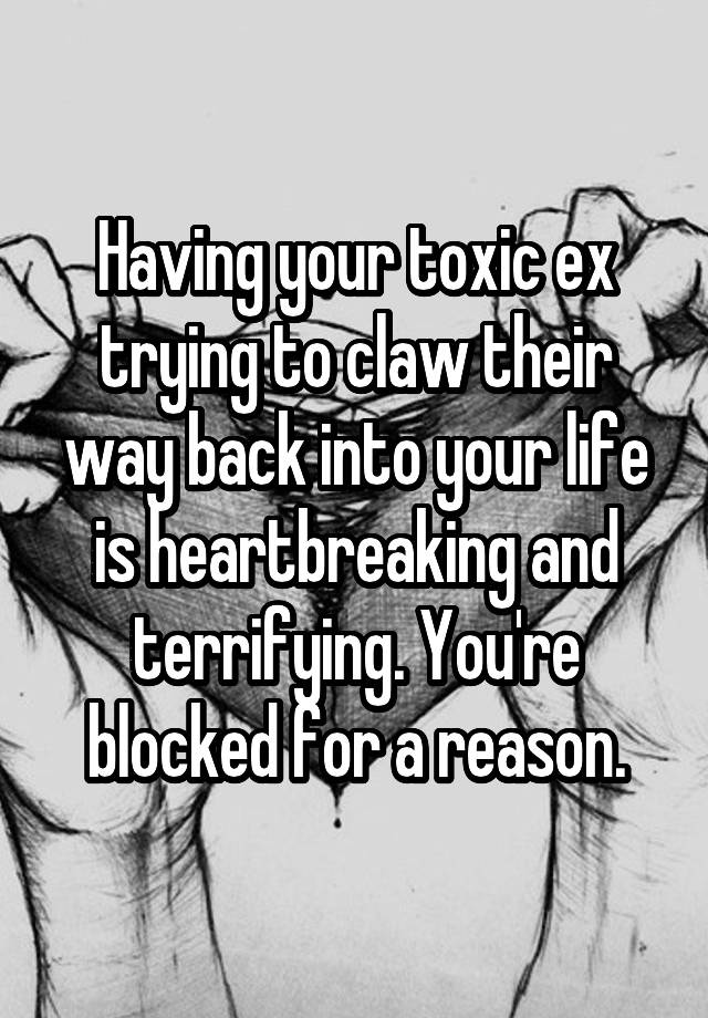 Having your toxic ex trying to claw their way back into your life is heartbreaking and terrifying. You're blocked for a reason.