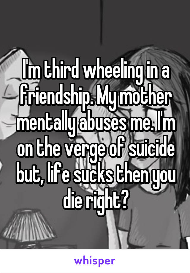 I'm third wheeling in a friendship. My mother mentally abuses me. I'm on the verge of suicide but, life sucks then you die right?