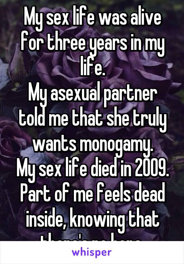 My sex life was alive for three years in my life.
My asexual partner told me that she truly wants monogamy.
My sex life died in 2009.
Part of me feels dead inside, knowing that there's no hope.