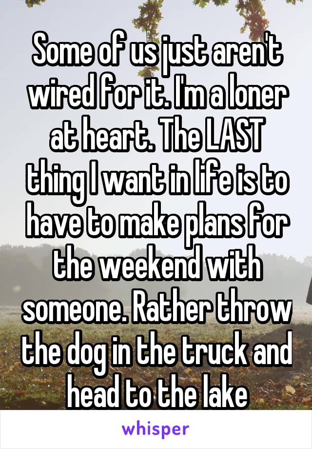 Some of us just aren't wired for it. I'm a loner at heart. The LAST thing I want in life is to have to make plans for the weekend with someone. Rather throw the dog in the truck and head to the lake