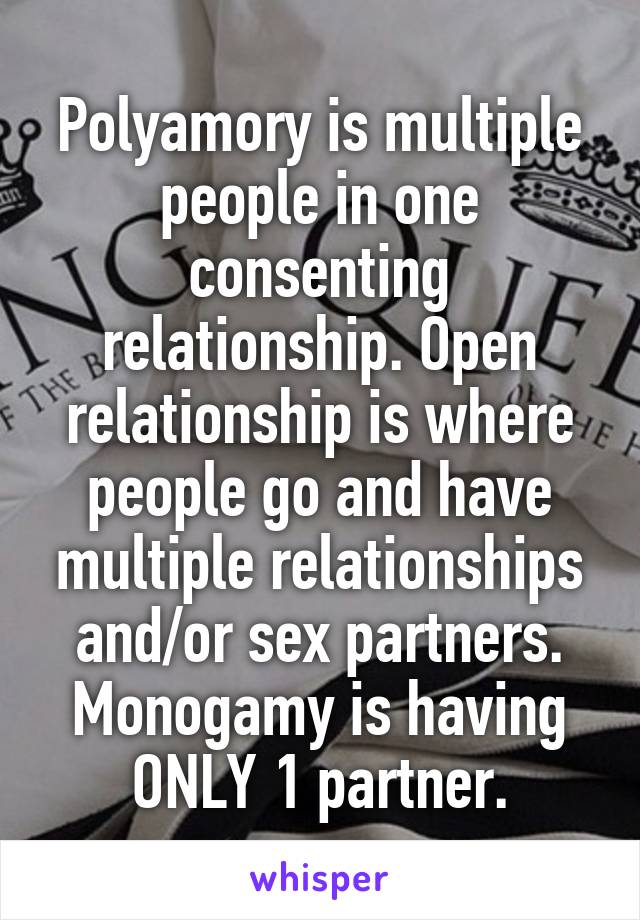Polyamory is multiple people in one consenting relationship. Open relationship is where people go and have multiple relationships and/or sex partners. Monogamy is having ONLY 1 partner.
