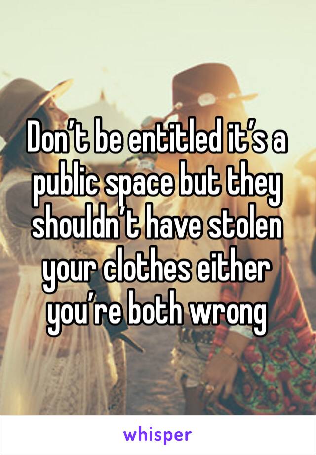 Don’t be entitled it’s a public space but they shouldn’t have stolen your clothes either you’re both wrong 