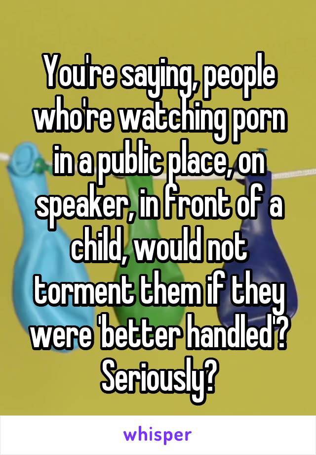 You're saying, people who're watching porn in a public place, on speaker, in front of a child, would not torment them if they were 'better handled'? Seriously?