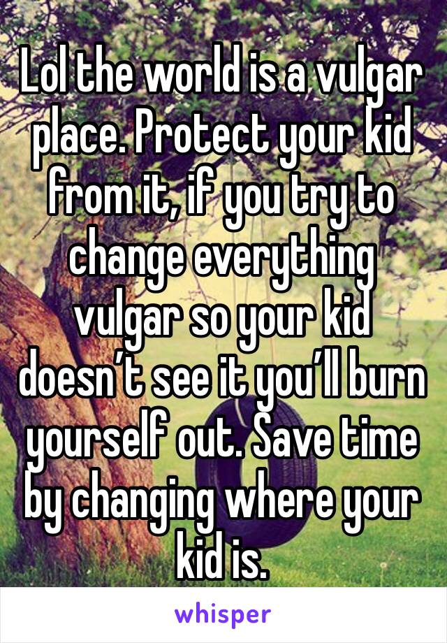 Lol the world is a vulgar place. Protect your kid from it, if you try to change everything vulgar so your kid doesn’t see it you’ll burn yourself out. Save time by changing where your kid is. 