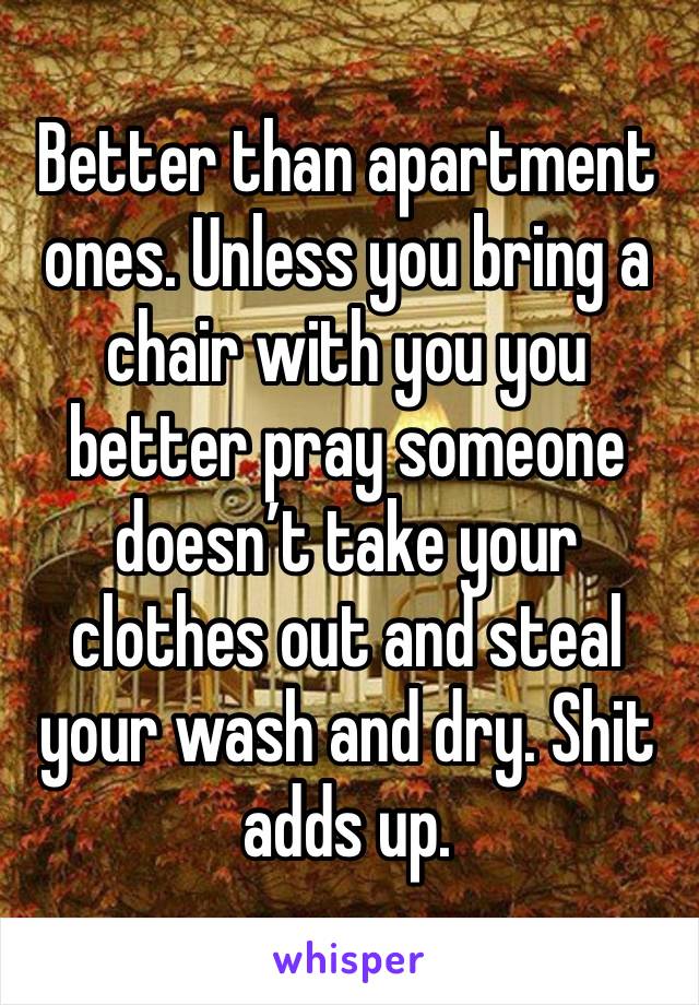 Better than apartment ones. Unless you bring a chair with you you better pray someone doesn’t take your clothes out and steal your wash and dry. Shit adds up. 