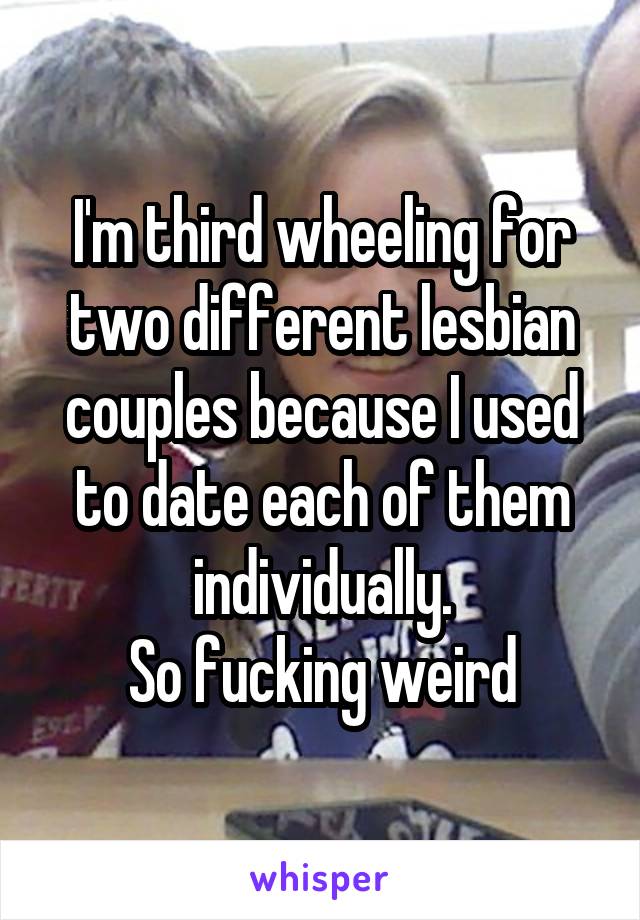 I'm third wheeling for two different lesbian couples because I used to date each of them individually.
So fucking weird