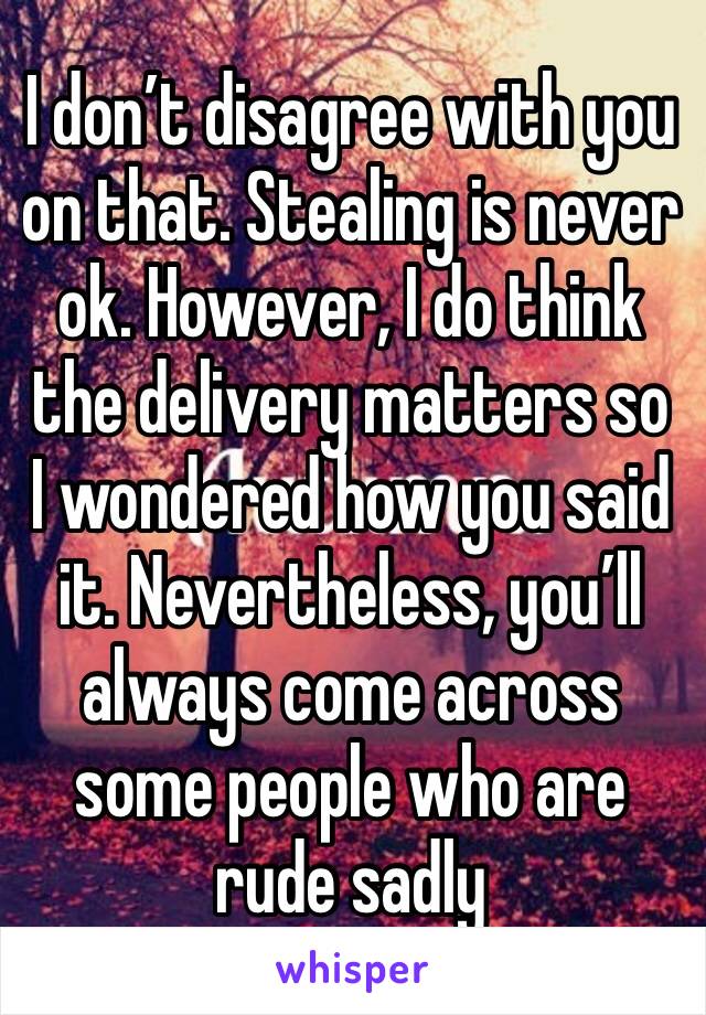 I don’t disagree with you on that. Stealing is never ok. However, I do think the delivery matters so I wondered how you said it. Nevertheless, you’ll always come across some people who are rude sadly