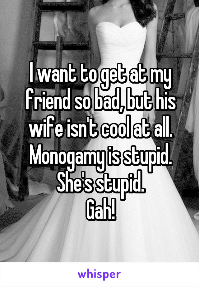 I want to get at my friend so bad, but his wife isn't cool at all.
Monogamy is stupid.
She's stupid.
Gah!