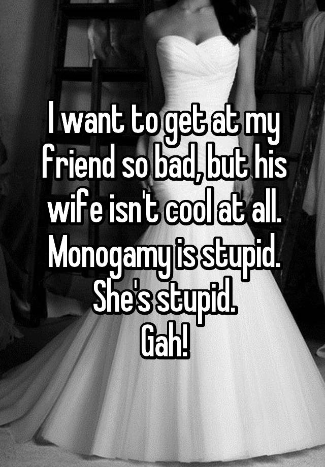 I want to get at my friend so bad, but his wife isn't cool at all.
Monogamy is stupid.
She's stupid.
Gah!