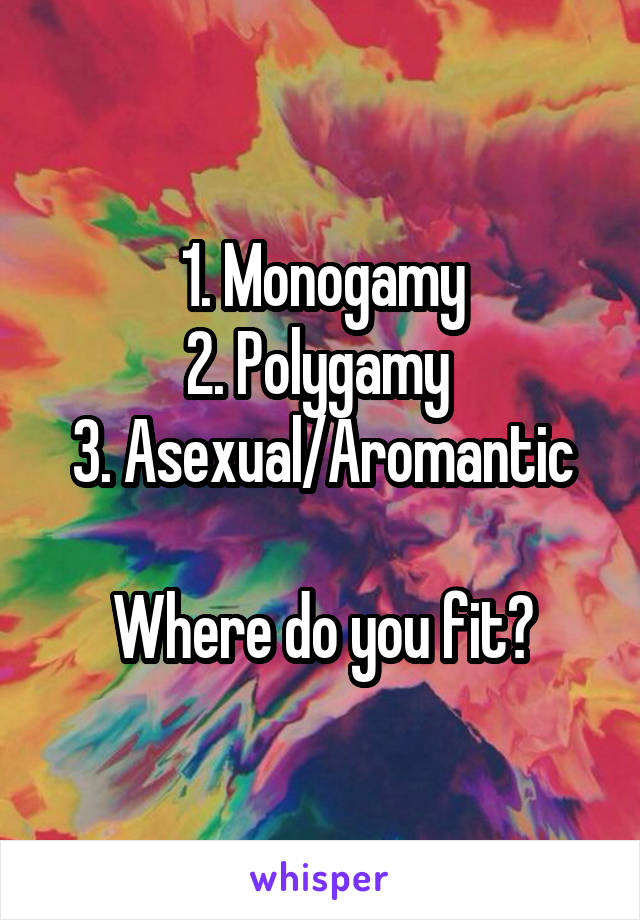 1. Monogamy
2. Polygamy 
3. Asexual/Aromantic

Where do you fit?