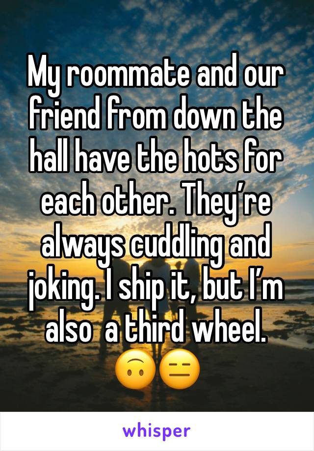 My roommate and our friend from down the hall have the hots for each other. They’re always cuddling and joking. I ship it, but I’m also  a third wheel. 🙃😑