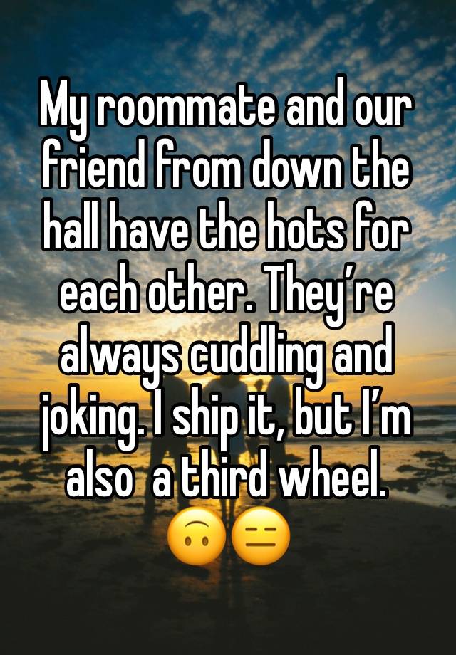 My roommate and our friend from down the hall have the hots for each other. They’re always cuddling and joking. I ship it, but I’m also  a third wheel. 🙃😑