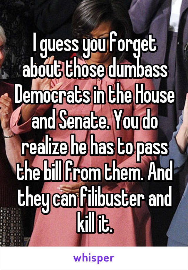 I guess you forget about those dumbass Democrats in the House and Senate. You do realize he has to pass the bill from them. And they can filibuster and kill it.