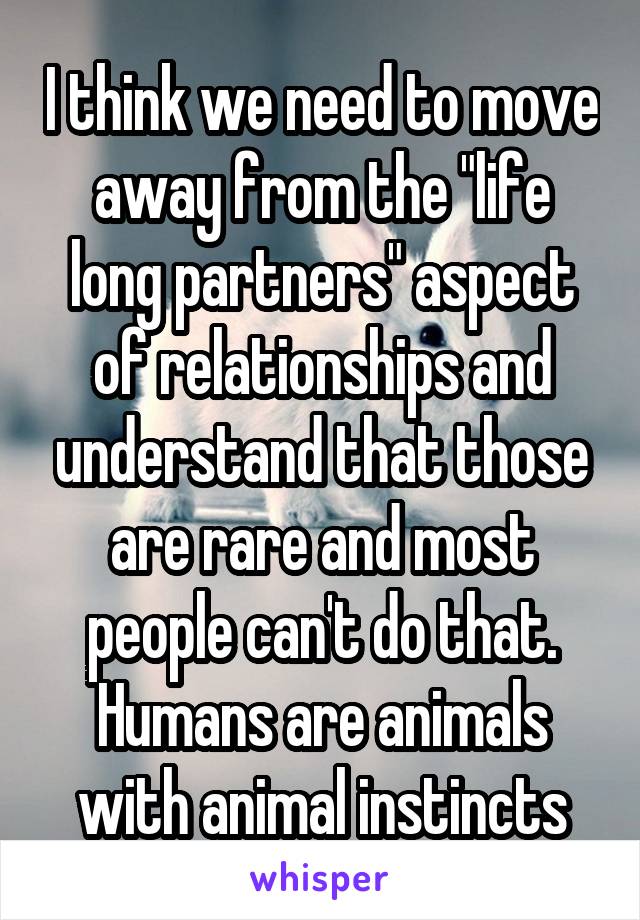 I think we need to move away from the "life long partners" aspect of relationships and understand that those are rare and most people can't do that. Humans are animals with animal instincts