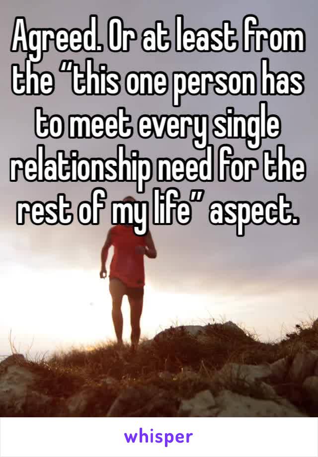 Agreed. Or at least from the “this one person has to meet every single relationship need for the rest of my life” aspect. 