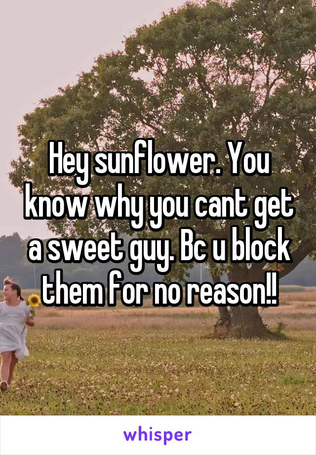 Hey sunflower. You know why you cant get a sweet guy. Bc u block them for no reason!!