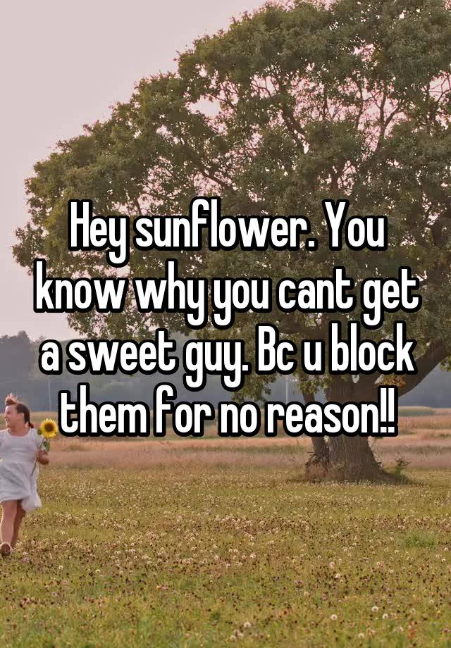 Hey sunflower. You know why you cant get a sweet guy. Bc u block them for no reason!!