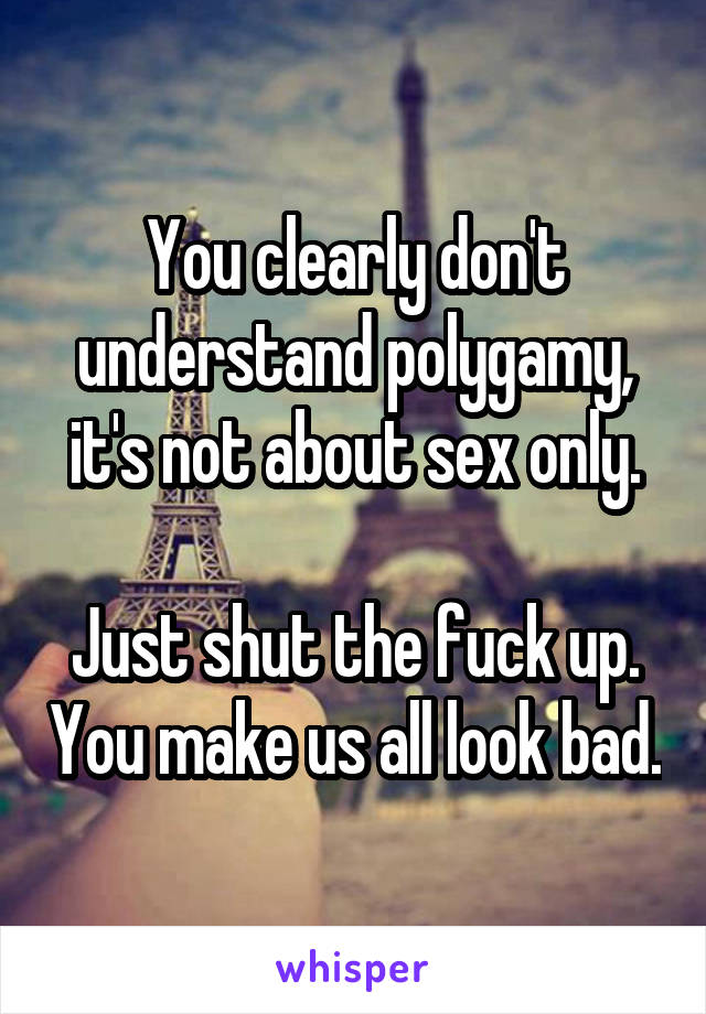 You clearly don't understand polygamy, it's not about sex only.

Just shut the fuck up. You make us all look bad.