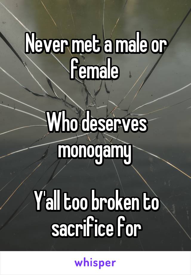 Never met a male or female 

Who deserves monogamy 

Y'all too broken to sacrifice for