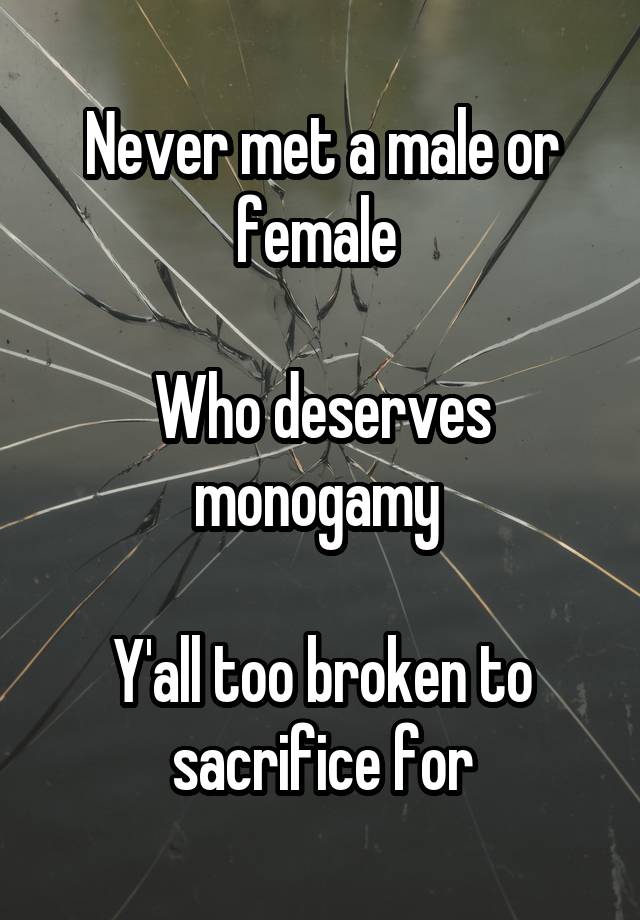 Never met a male or female 

Who deserves monogamy 

Y'all too broken to sacrifice for