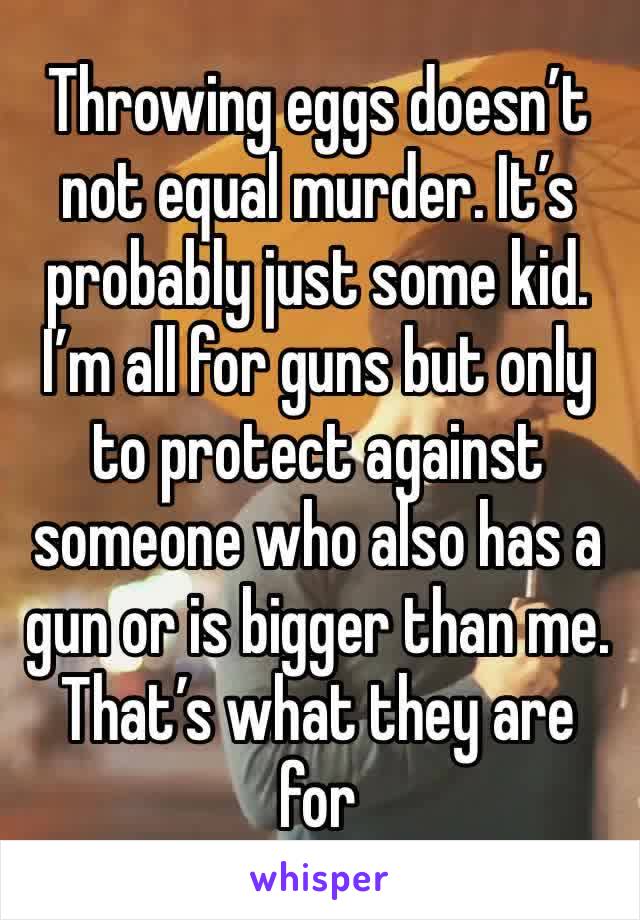 Throwing eggs doesn’t not equal murder. It’s probably just some kid. I’m all for guns but only to protect against someone who also has a gun or is bigger than me. That’s what they are for 