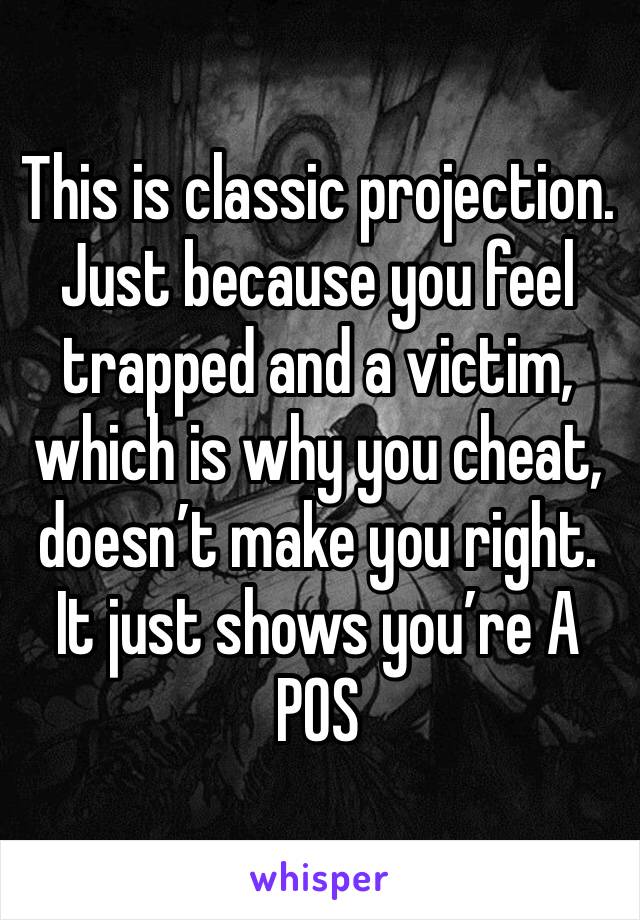 This is classic projection. Just because you feel trapped and a victim, which is why you cheat, doesn’t make you right. It just shows you’re A POS