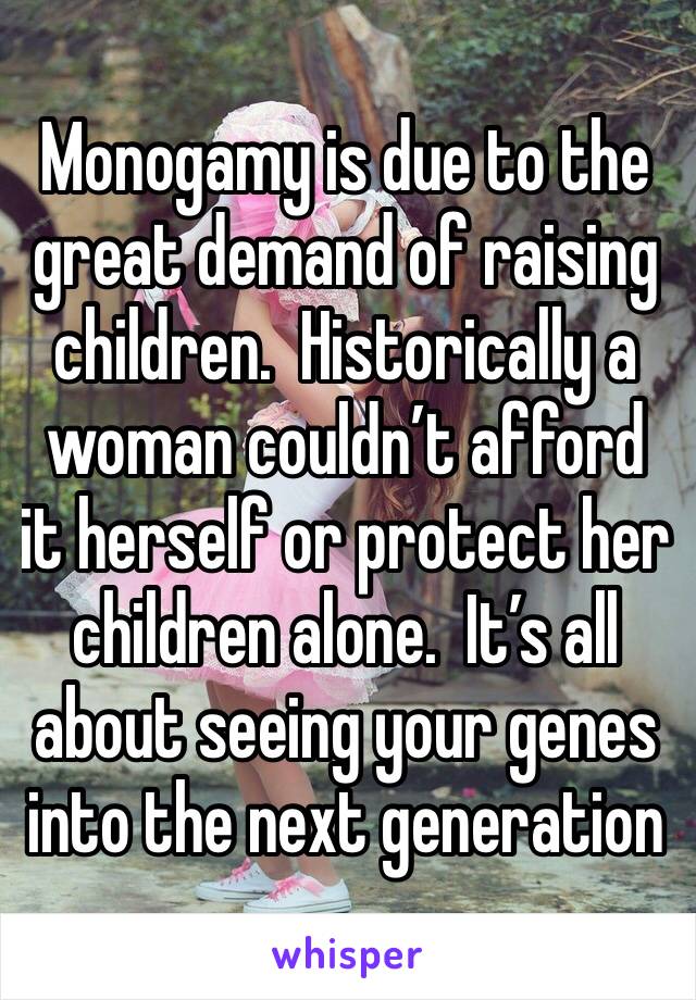 Monogamy is due to the great demand of raising children.  Historically a woman couldn’t afford it herself or protect her children alone.  It’s all about seeing your genes into the next generation 