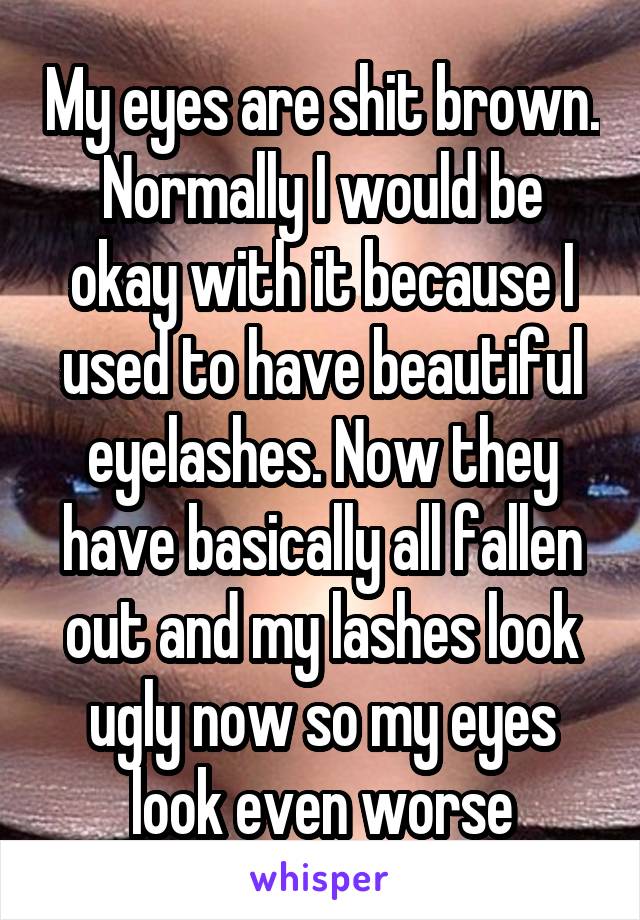 My eyes are shit brown. Normally I would be okay with it because I used to have beautiful eyelashes. Now they have basically all fallen out and my lashes look ugly now so my eyes look even worse