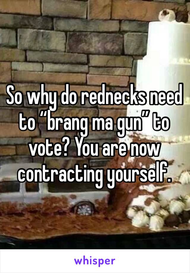 So why do rednecks need to “brang ma gun” to vote? You are now contracting yourself. 