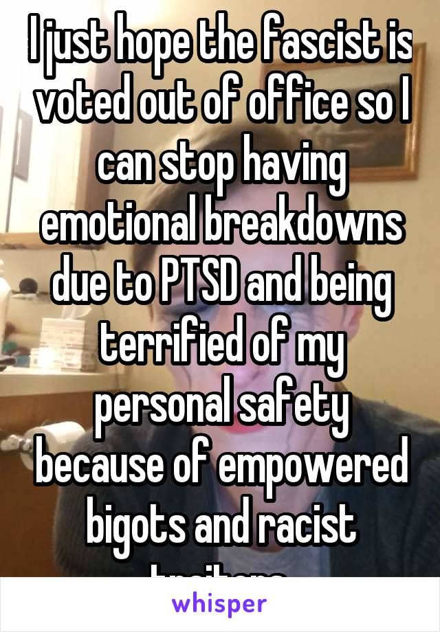 I just hope the fascist is voted out of office so I can stop having emotional breakdowns due to PTSD and being terrified of my personal safety because of empowered bigots and racist traitors.