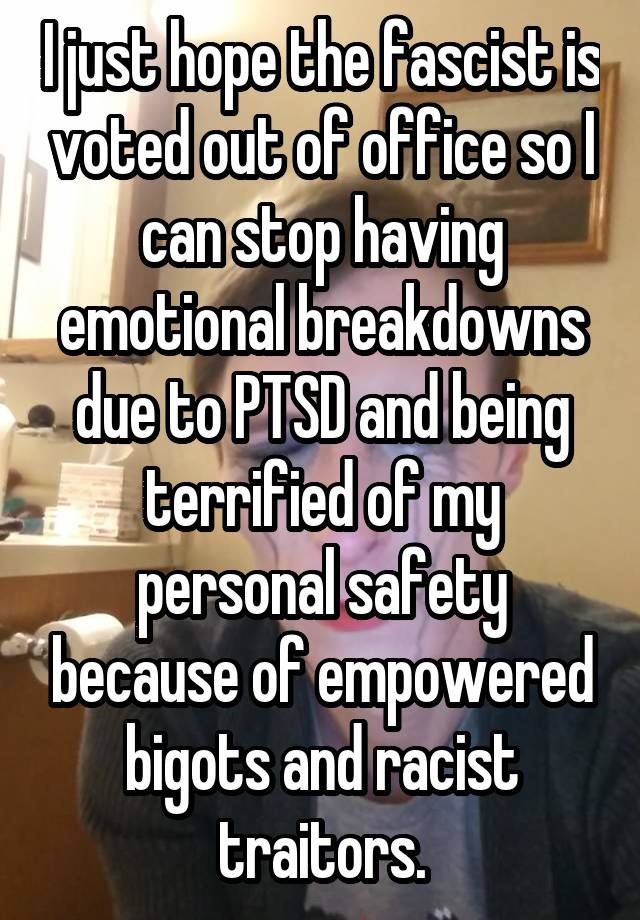 I just hope the fascist is voted out of office so I can stop having emotional breakdowns due to PTSD and being terrified of my personal safety because of empowered bigots and racist traitors.