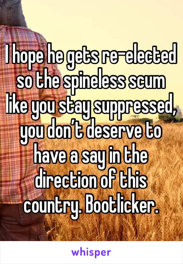 I hope he gets re-elected so the spineless scum like you stay suppressed, you don’t deserve to have a say in the direction of this country. Bootlicker.