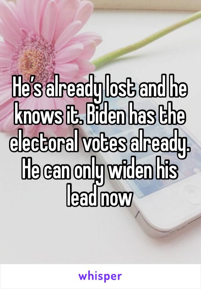 He’s already lost and he knows it. Biden has the electoral votes already. He can only widen his lead now