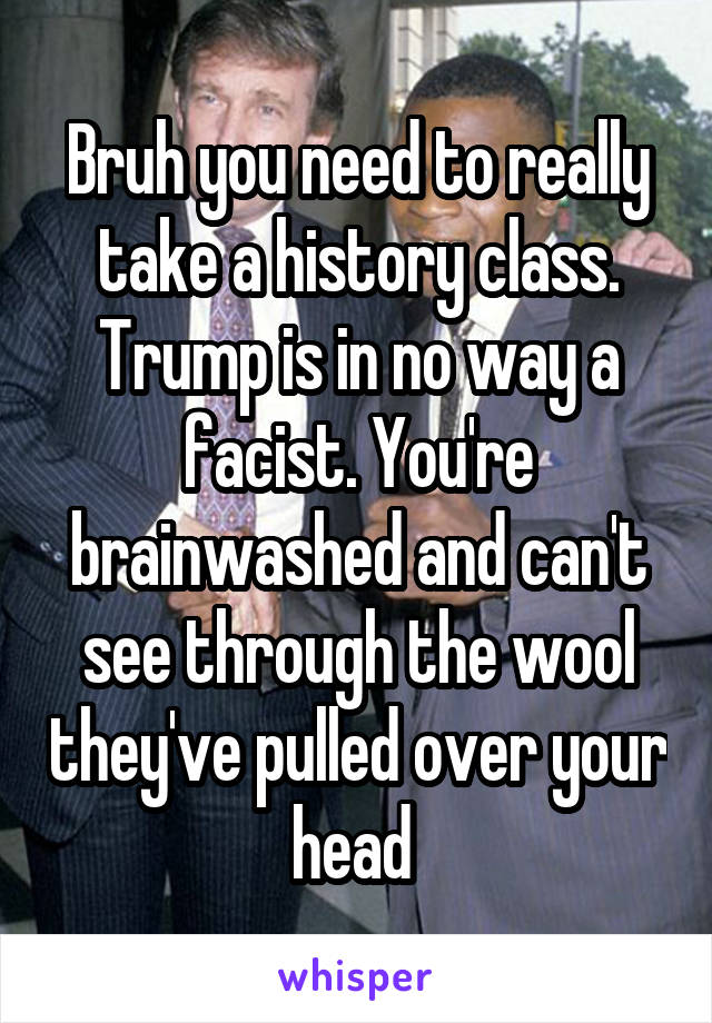 Bruh you need to really take a history class. Trump is in no way a facist. You're brainwashed and can't see through the wool they've pulled over your head 