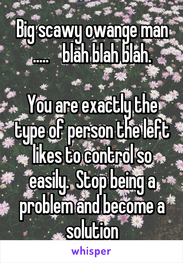 Big scawy owange man .....    blah blah blah.

You are exactly the type of person the left likes to control so easily.  Stop being a problem and become a solution